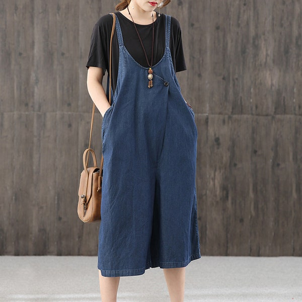 90s Blue Denim Overall: Frauen Einzigartiges Design unregelmäßige mittellange Latzhose