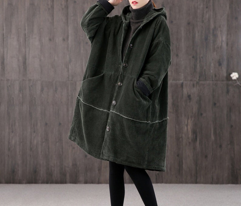 women's Winter long retro corduroy hooded casual coat, handmade large size loose coat, thick warm coat, 90S corduroy loose trench coat image 2