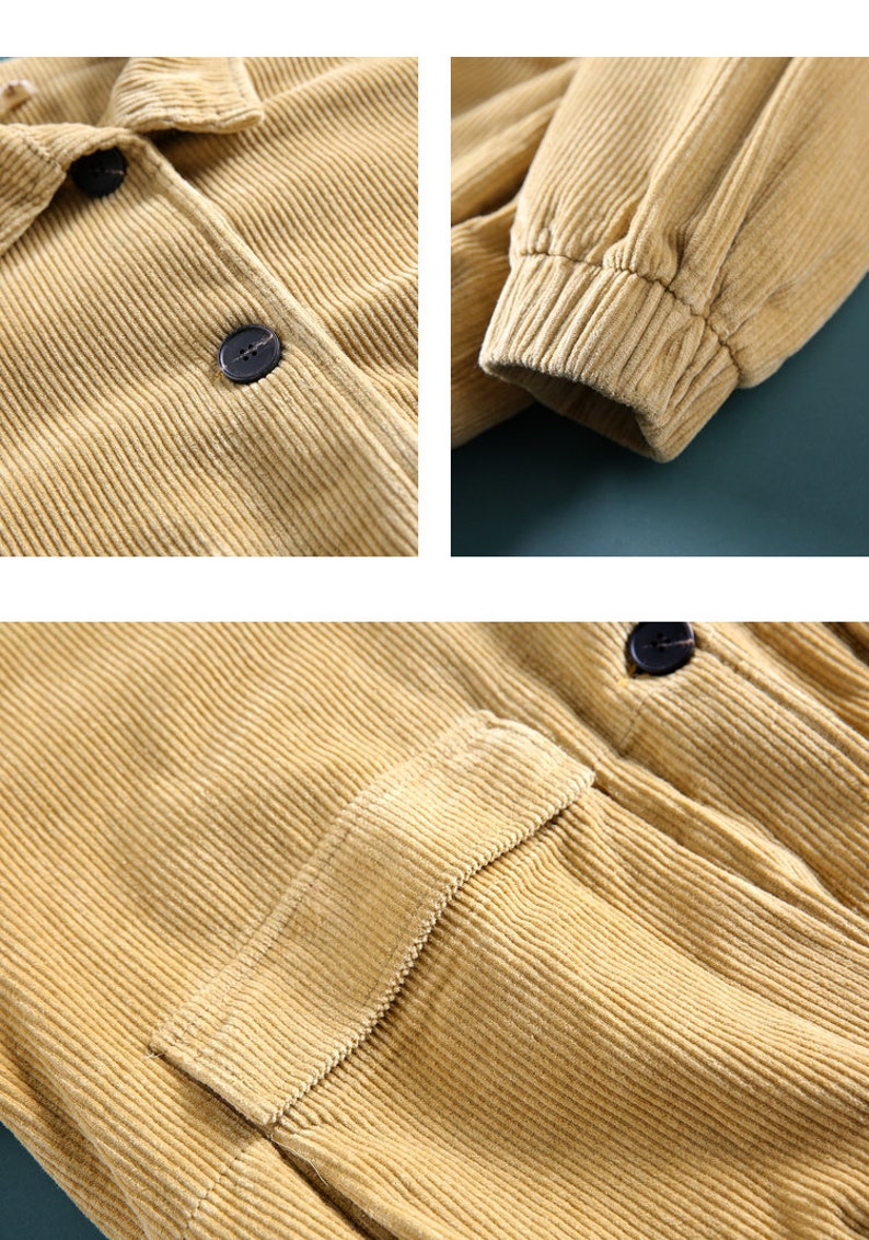 May include: A close-up of a light brown corduroy jacket with a button closure and a patch pocket. The jacket has a ribbed texture and a relaxed fit.