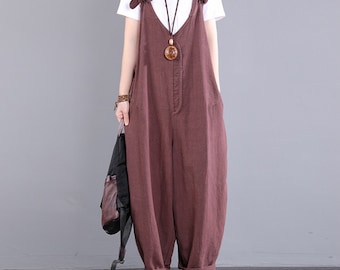 Vintage Linen Overalls: Brown Handmade Suspenders Pants