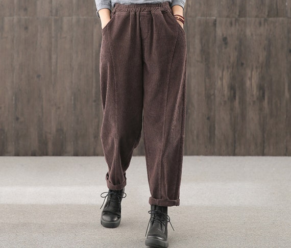 Black Corduroy Casual Pants Autumn Corduroy Women's Pants Retro Loose Corduroy  Pants Gifts for Women Elastic Waist Casual Pants Hand 