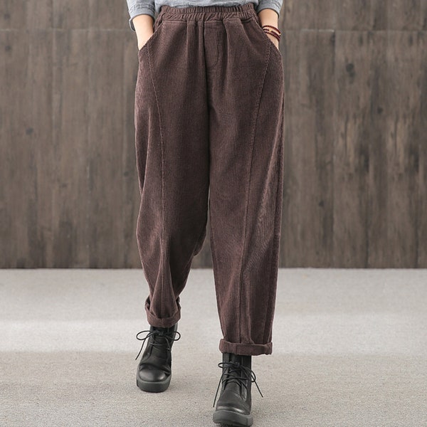 Black corduroy casual pants- autumn corduroy women's pants- retro loose corduroy pants- gifts for women- Elastic waist casual pants- hand