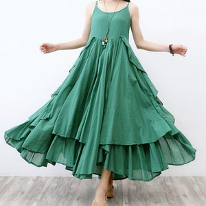 Vestido de lino de algodón, vestido grande de Long Beach, vestido de arte retro, vestido de cabestrillo sin mangas, vestido de verano estilo boho, vestido de cabestrillo negro, vestido verde imagen 2