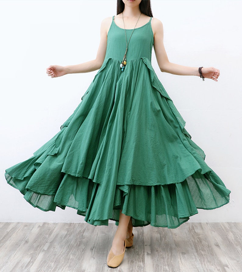 Vestido de lino de algodón, vestido grande de Long Beach, vestido de arte retro, vestido de cabestrillo sin mangas, vestido de verano estilo boho, vestido de cabestrillo negro, vestido verde imagen 2