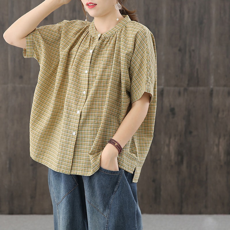 Women Summer Casual Plaid Cotton T Shirt