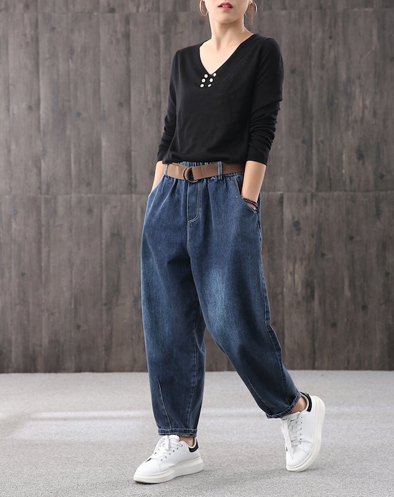 Pantaloni dritti casual larghi letterari autunnali, jeans da donna, jeans a  vita alta, pantaloni di grandi dimensioni, pantaloni in denim, pantaloni da  donna elastici in vita -  Italia