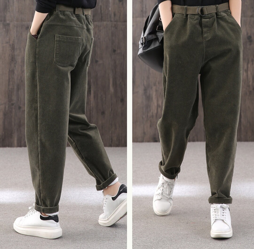 Winter Solid Color Thick Warm Corduroy Casual Pants,long Plus Velvet High  Waist Women's Pants,elastic Waist Warm Pants,90s Green Pants -  Canada