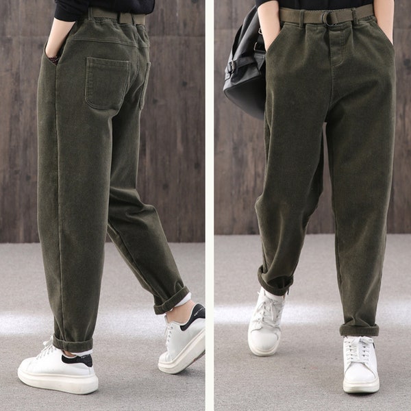 Winter solid color thick warm corduroy casual pants,long plus velvet high waist women's pants,elastic waist warm pants,90s Green pants