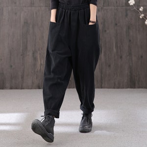 Elastic Waist Black Women's Casual Pants,Loose Cotton Harem Pants,Handmade Long Pants,Orange casual Pants,Tapered High waist  lagre pants