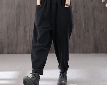 Pantaloni casual da donna neri con vita elastica, pantaloni harem in cotone sciolto, pantaloni lunghi fatti a mano, pantaloni casual arancioni, pantaloni lagre a vita alta affusolati