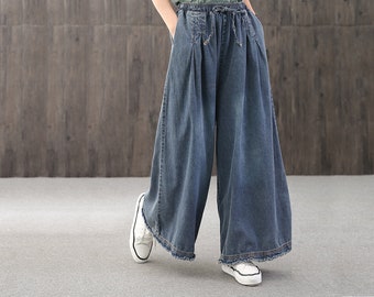 Handmade Blue Denim Wide Leg Jeans: Elastic Waist Vintage Pants