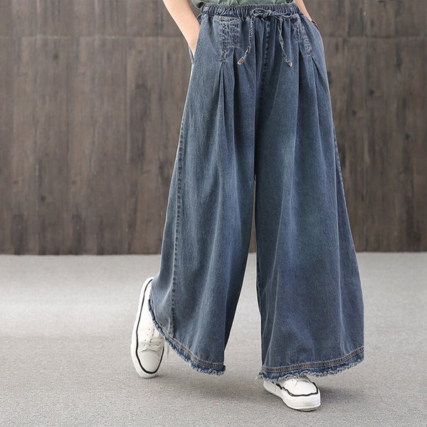 Große blaue Freizeitjeans, elastische Taillen-Denim-Hose mit weitem Bein, Damenjeans, lockere Jeans, weite Bein-Freizeithose, handgefertigte Vintage-Jeans