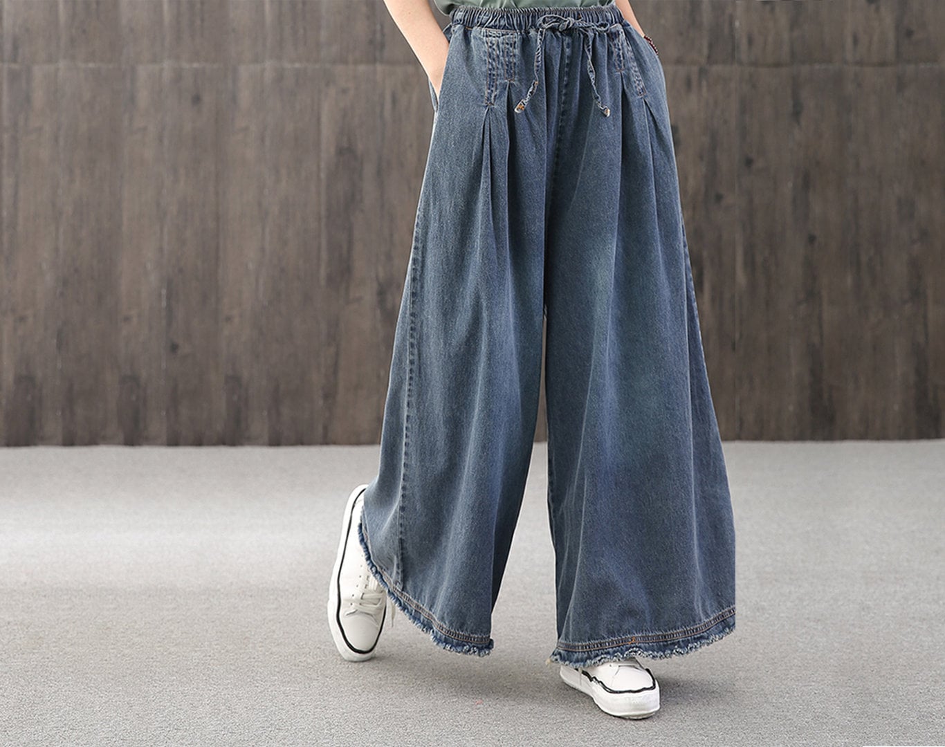 Large Size Blue Casual Jeanselastic Waist Denim Wide-leg - Etsy