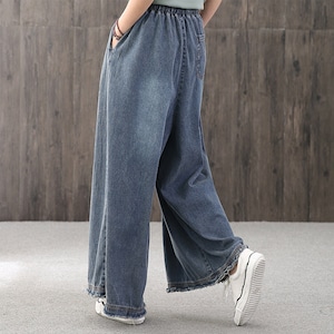 Large Size Blue Casual Jeanselastic Waist Denim Wide-leg - Etsy