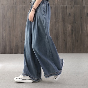 Large Size Blue Casual Jeanselastic Waist Denim Wide-leg - Etsy