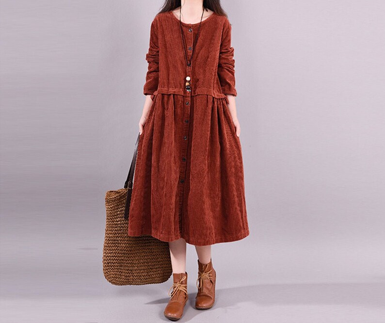 Large size round neck corduroy casual dress,women/'s dress,handmade corduroy dress,Maxi dress,solid cotton dress,winter black warm dress