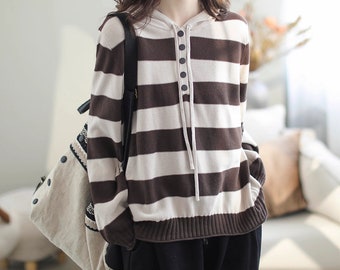 2023  Uniquely designed loose large size striped hooded sweater for women- Winter cozy retro long-sleeved cotton sweater