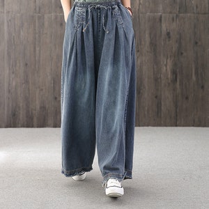 Large Size Blue Casual Jeans,elastic Waist Denim Wide-leg Pants,women's ...