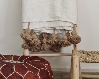 Best quality Of Moroccan white with soft brown Pom Pom Blanket / Pom Pom Throw Blanket