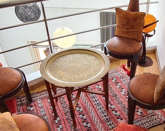 Moroccan Brass Tea table , moroccan coffee table Arabesque Engraved Carved Polished Brass Tray Folding Table with Folding Cedar Wood Legs