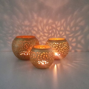 Set of 3 Handmade Brass Morrocan Tealight Holder - Set of 3 Metal candle holder Round Brass Candle Holder