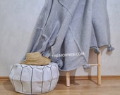 Premium Moroccan light grey Cotton Pom Pom with silver Stripe , Pom pom Throw blanket