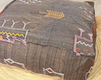 pouf Made from Hand Woven Moroccan Rug Gray Square sabra pouf Cactus Silk Floor footstool,berber square seating Cactus Floor footstool