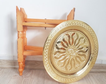 Moroccan Brass Tea table , moroccan coffee table Arabesque Engraved Carved Polished Brass Tray Folding Table with Folding Cedar Wood Legs