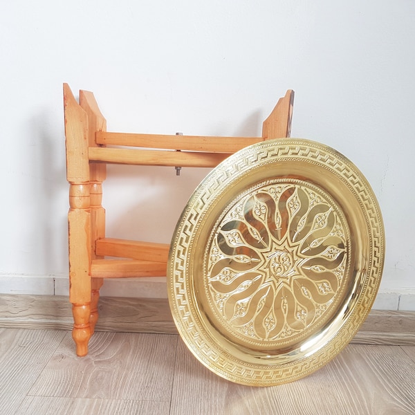 Moroccan Brass Tea table , moroccan coffee table Arabesque Engraved Carved Polished Brass Tray Folding Table with Folding Cedar Wood Legs