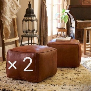 SET OF 2 square leather pouf / Best quality Moroccan ottoman Pouffe / Footstool cube for living room