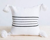 Set of 2 Piece Of Moroccan Handmade cotton Pom Pom cushion Pillow Cover white HandWoven PomPoms Cushion black stripes