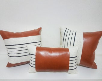 Modern Pillow Cover Handmade from Cotton and faux leather