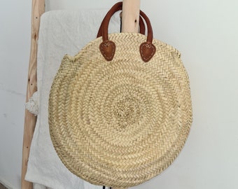 Natural Moroccan basket With leather handles, Market basket, Beach bag,