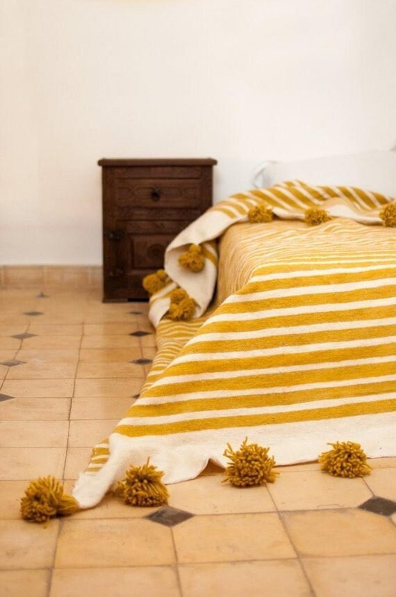 Premium Moroccan White and Yellow Cotton Pom Pom Striped Blanket