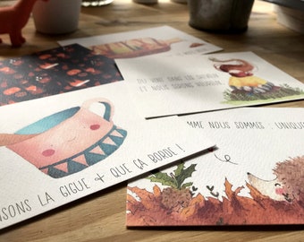 Lot de cinq cartes postales d’illustration à l’aquarelle d’automne pour cadeaux ou vœux