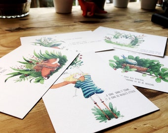 Lot de cinq cartes postales d'illustration à l'aquarelle de printemps pour cadeaux ou voeux