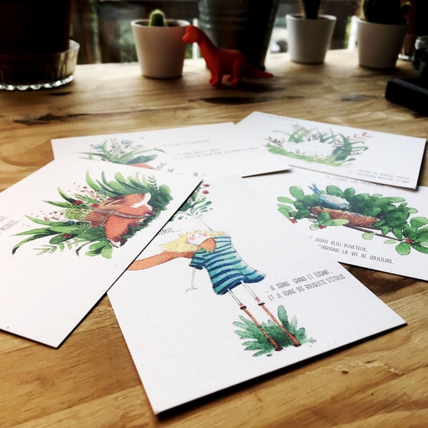 Lot de cinq cartes postales d'illustration à l'aquarelle de printemps pour cadeaux ou voeux