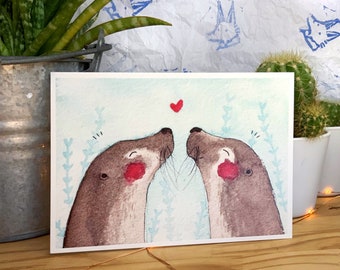 Carte postale Loutres Amoureuses illustration à l'aquarelle pour cadeaux, voeux ou Saint Valentin