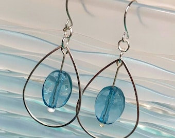 Silver Teardrop Earrings with Blue Bead