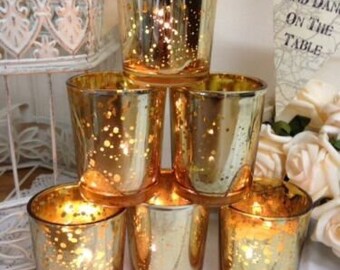 Homes on Trend Mercury Gold Glass Tea Light Votive Candle Holders Wedding Table Venue Decorations Centrepiece Accessories Dressing Idea Settings Tealight Holder Set of 6