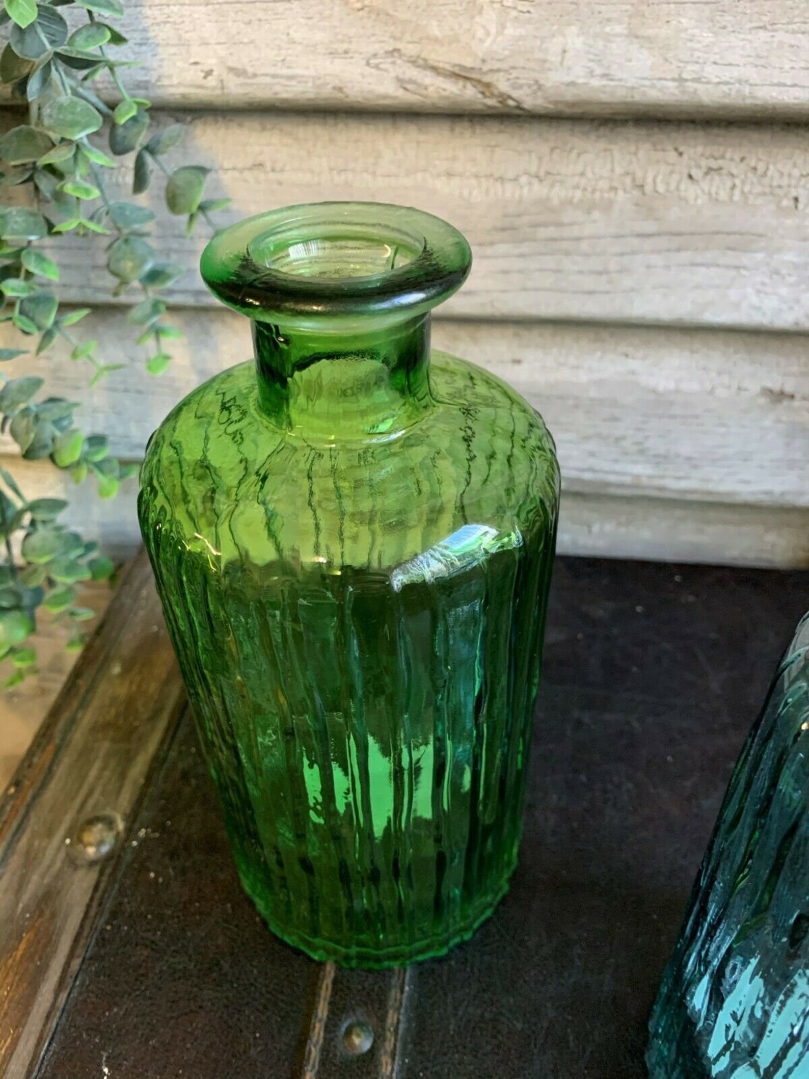 Boho Style Ribbed Green Glass Bottle Bud Flower Vase Etsy