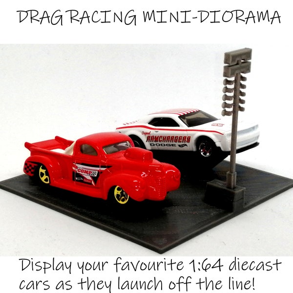 Drag Race Diecast Car Display Stand. Collectible 1:64 Scale Car Diorama for Hot Wheels, Matchbox, Corgi. Hot Rods, Gassers, Street Racing