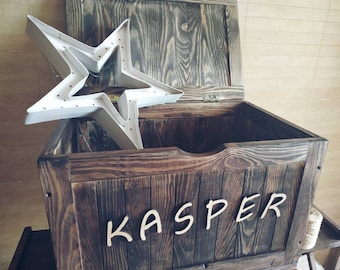 Personalised toy box with wheels Large wooden toy chest with name Rustic engraved Personalized Toy Box