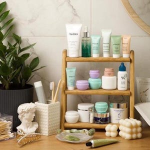 Bathroom organizer wooden tray, Shower Shelves Storage, Bathroom Riser stand, Soap Bottle Tray, Kitchen Stand, 3 shelves, 2 shelves stand
