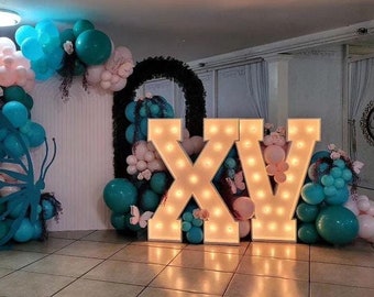 XV Party Dekor leuchten Glühbirnen Buchstaben 15. Geburtstag Zeichen Hintergrund Quinceanera quince Buchstaben
