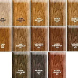 Puede incluir: Una tabla de 13 colores de tinte para madera con nombres y c&oacute;digos. Los colores van de claro a oscuro, incluyendo blanco, natural, marr&oacute;n, gris y negro.