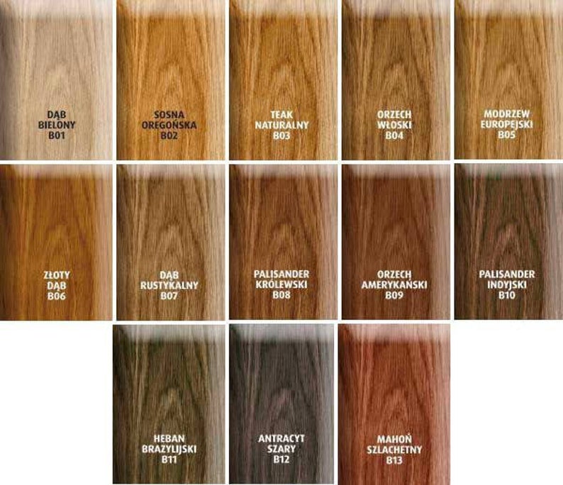 Puede incluir: Una tabla de 13 colores de tinte para madera con nombres y c&oacute;digos. Los colores van de claro a oscuro, incluyendo blanco, natural, marr&oacute;n, gris y negro.