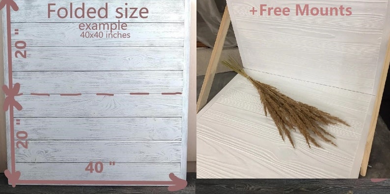 May include: White wood backdrop for photography, folded to 20x40 inches. The backdrop is shown unfolded and set up with a stand, with a dried pampas grass stem on the surface. The text "+Free Mounts" is visible in the image.