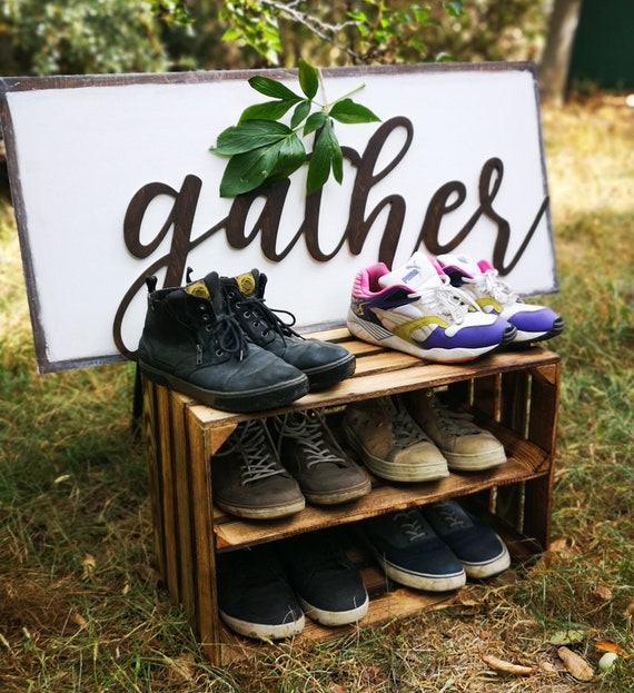 Rustic Torched Wood Entryway Shoe Storage Rack