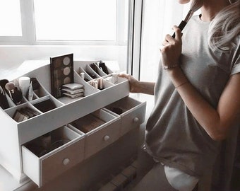 Très grand organiseur de maquillage en bois blanc, grand organiseur de maquillage en bois blanc, grand meuble de rangement pour maquillage, pinceau, porte-rouge à lèvres